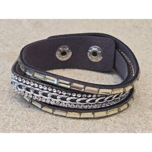 Wrap Bracelet Gray + Silver Chain Rhinestone Adjustable Snap Closure New